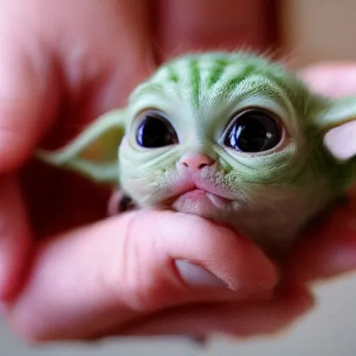Image similar to a tiny pigmy baby yoda-kitten hybrid in the palm of a person's hand, super cute