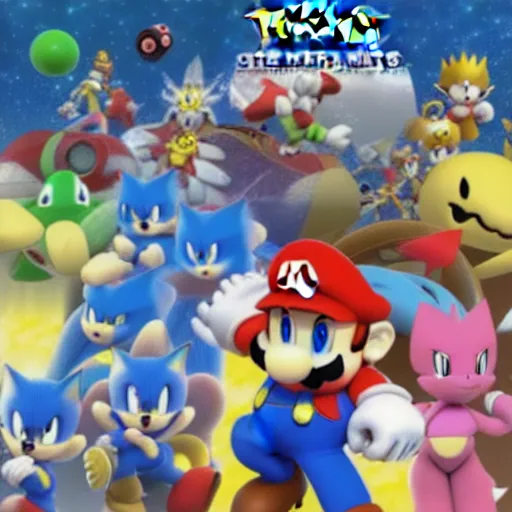 Image similar to super mario, kirby, sonic the hedgehog, super smash bros, star wars themed movie poster high detail accurate eyes and good gesture poses, pokemon anime cartoon style