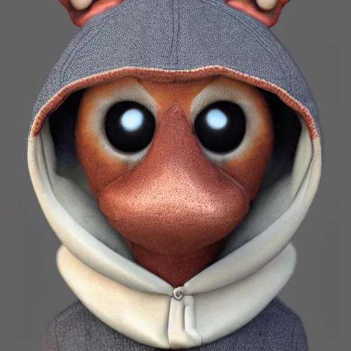 Prompt: a close up of a stuffed animal wearing a hood, a character portrait by Louis Mathieu Verdilhan, featured on zbrush central, cobra, zbrush, daz3d, rendered in maya