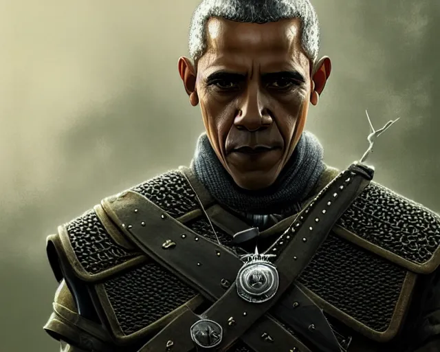 Image similar to 5 5 mm portrait photo of barack obama as a witcher in kaer morhen. dark atmosphere. art by greg rutkowski. highly detailed 8 k. intricate. lifelike. soft light. nikon d 8 5 0.