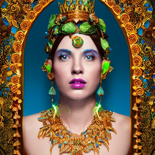 Image similar to portrait of pretty queen of avocado, glowing, ornate and intricate blue jewelry, jaw dropping beauty, glowing background lighting, white accent lighting, hyper detailed, 4 k octane render