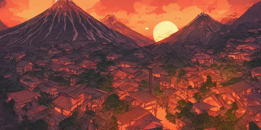 Prompt: a powerful japanese village high in mountains, fanart artstation global illumination rtx hdr fanart arstation 3 d, volcano, sunset, concept art by moebius and laurie greasley, fantastic landscape, 8 k, cinematic color grading