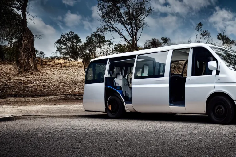 Image similar to car photography of Tesla electric minibus By Emmanuel Lubezki