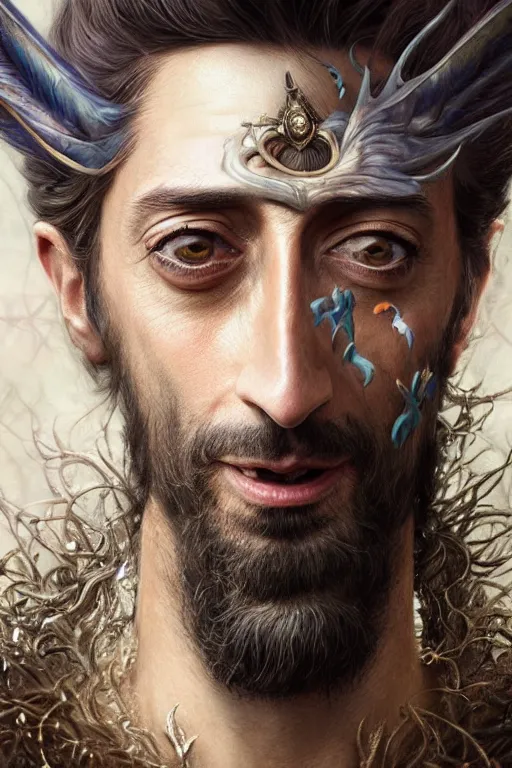 Prompt: closeup portrait shot of adrien brody as king oberon, fairy wings, lord of beasts, highly detailed, digital painting, artstation, concept art, soft focus, depth of field, artgerm, tomasz alen kopera, peter mohrbacher, donato giancola, wlop, boris vallejo