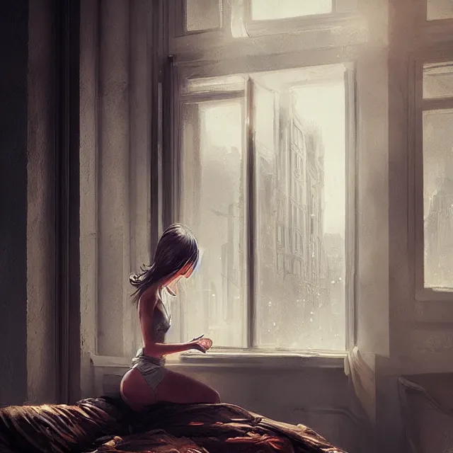 Image similar to window, eye, women, buildings, surprise, scared, couch by wlop, artgerm, greg rutkowski