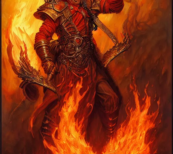 Image similar to The Fire King, beautiful young ginger man, fire, flames, dramatic, hyperdetailed | donato giancola, ralph horsley, Artem Demura | waist-up portrait | dungeons and dragons