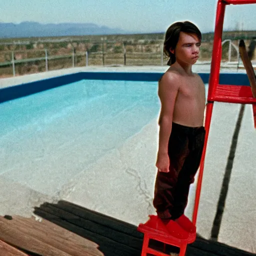 Image similar to young river phoenix standing on a diving board above a pool, red weapon 8 k s 3 5, cooke anamorphic / i lenses, highly detailed, cinematic lighting