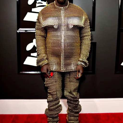 Image similar to kanye west at the grammys in an avocado costume, red carpet photo