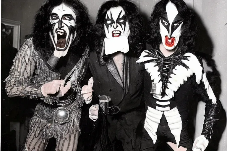 Image similar to 1 9 3 0 s photograph of paul stanley and gene simmons wearing terrifying handmade halloween costumes