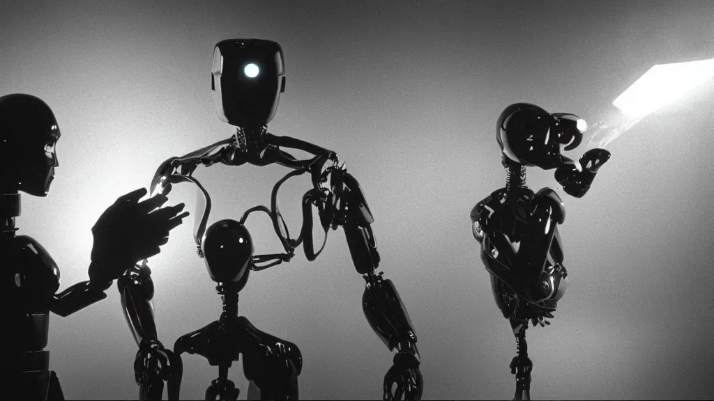 Image similar to movie scene of a man and a robot having a moment of jealousy, movie still, cinematic composition, cinematic light, by david lynch