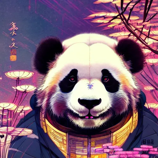 Image similar to a beautiful hyperdetailed character design 4 k wallpaper illustration of a cute panda with a chinese lion dance head victo ngai cyberpunk style, from china, style of studio ghibli, makoto shinkai, raphael lacoste, louis comfort tiffany, artgerm, james jean, ross tran, chinese style