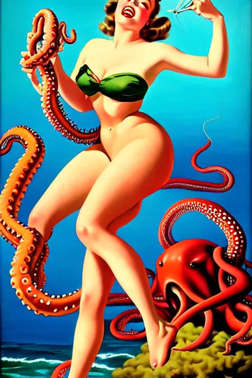 Image similar to 1940s pinup bikini girl with tentacles wrapped around her by a giant octopus, oil painting, by Gil Elvgren