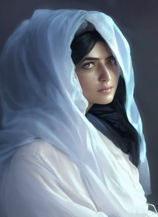 Image similar to a Photorealistic dramatic hyperrealistic render of an arab ameera al taweel, blue eyes, black hair, white veil,by WLOP,Artgerm,Greg Rutkowski,Alphonse Mucha, Beautiful dynamic dramatic dark moody lighting,shadows,cinematic atmosphere,Artstation,concept design art,Octane render,8K