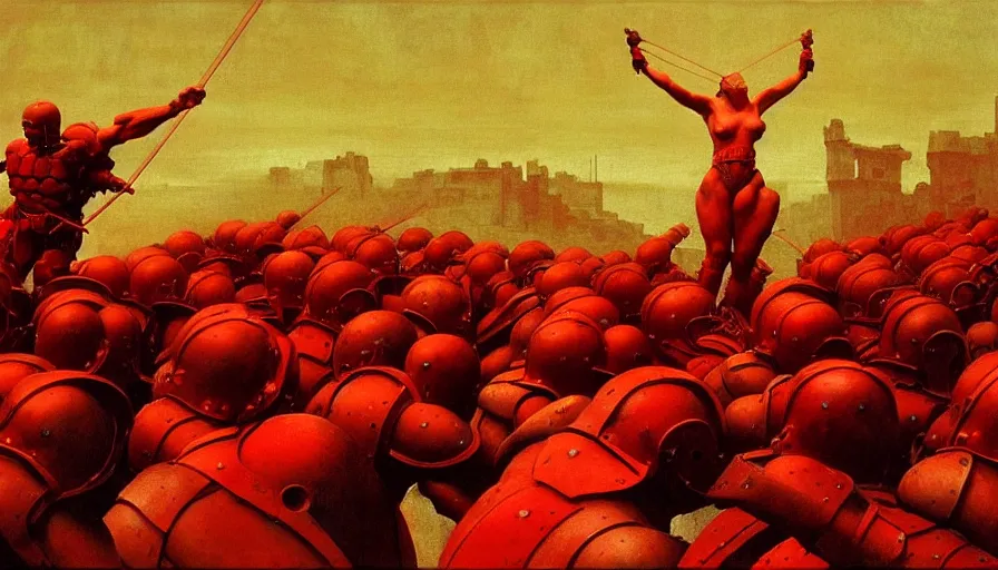 Image similar to only with red, an armored gladiator in a crowded roman amphitheatre, crowd cheering, in the style of beksinski and edward hopper and rodcenko and yue minjun and rolf armstrong, intricate and epic composition, red by caravaggio, highly detailed, masterpiece, red light, artstation