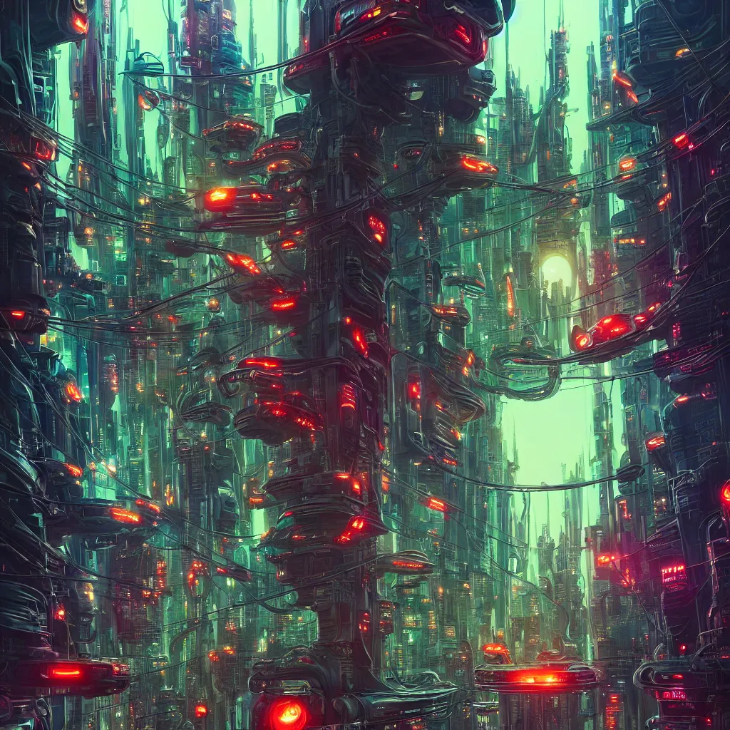 Image similar to robo cats inside an scifi tentacles wires futuristic city, beautiful signs, wide angle, retro futuristic comics, cinematic, highly detailed, photorealistic, rich bright colors, trending on artstation, giger, tsutomu nihei, trending on cgsociety, awe inspiring bruce pennington cityscape, digital art painting of 1 9 6 0 s