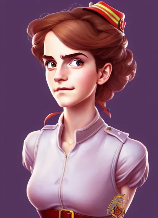 Image similar to cute colonel emma watson firefighter, natural lighting, path traced, highly detailed, high quality, digital painting, by don bluth and ross tran and studio ghibli and alphonse mucha, artgerm