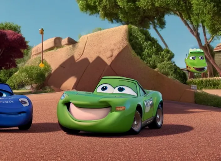 Prompt: a still from disney pixar's cars with a cameo from tommy wiseau