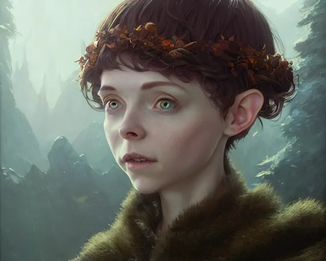 Image similar to highly detailed portrait of sophia lillis as a bald elf, in skyrim, stephen bliss, unreal engine, fantasy art by greg rutkowski, loish, rhads, ferdinand knab, makoto shinkai and lois van baarle, ilya kuvshinov, rossdraws, tom bagshaw, global illumination, radiant light, detailed and intricate environment