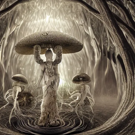 Image similar to mushroom goddess with extremely elegant headdress with group of elders in a ceremony for plant medicine, beautiful, hiroya oku, yoshitaka amano, alex grey, black and white, beautiful lighting, cinematic still, quantum gravity 3 d render, 8 k