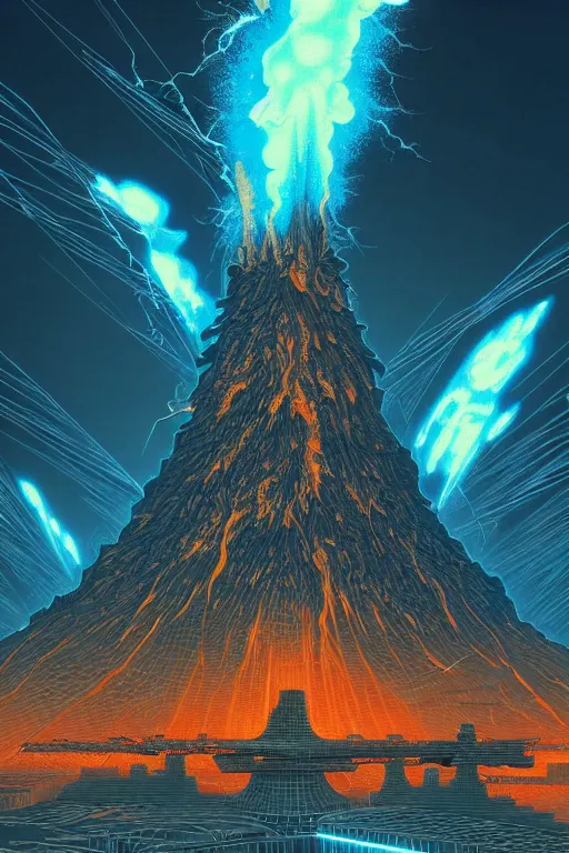 Image similar to a hyper - detailed 3 d render by kilian eng and toshi yoshida and franklin booth showing a futuristic powerstation!! in front of a ( ( exploding volcano ) ), vintage scifi, high details, dramatic lightning,, 8 k