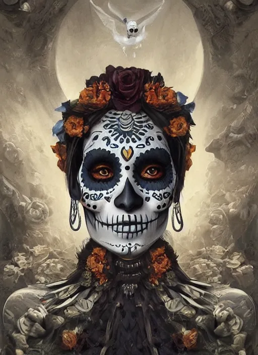 Image similar to digital _ painting _ of _ dia de los muertos _ by _ filipe _ pagliuso _ and _ justin _ gerard _ symmetric _ fantasy _ highly _ detailed _ realistic _ intricate _ port