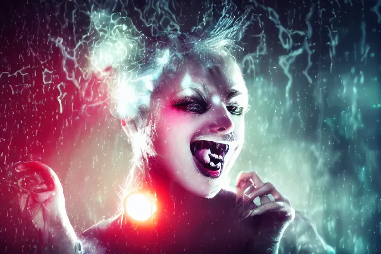 Image similar to Cyber ​​girl, transforming face, fangs, syringes, forest, fog, volumetric light