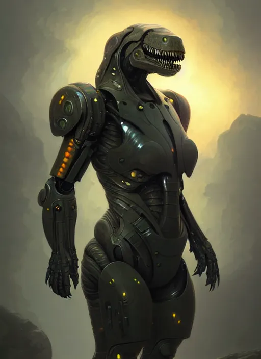 Image similar to t - rex mech suit, diffuse lighting, fantasy, highly detailed, photorealistic, digital painting, artstation, illustration, concept art, smooth, sharp focus, in the style of tom bagshaw