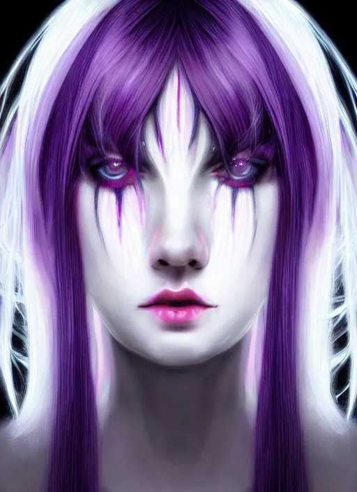 Image similar to hair whitebangs hair, black cyberlox, portrait of teenage girl with white bangs, whitebangsblackhair, messy bangs, cyberlox, whitebangs, red irises, purple clothes, intricate, elegant, glowing lights, highly detailed, digital painting, artstation, concept art, sharp focus, illustration, art by wlop, mars ravelo and greg rutkowski