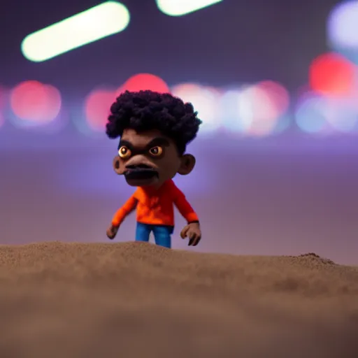 Image similar to a cinematic film still of a claymation stop motion film starring chance the rapper as a college student, shallow depth of field, 8 0 mm, f 1. 8