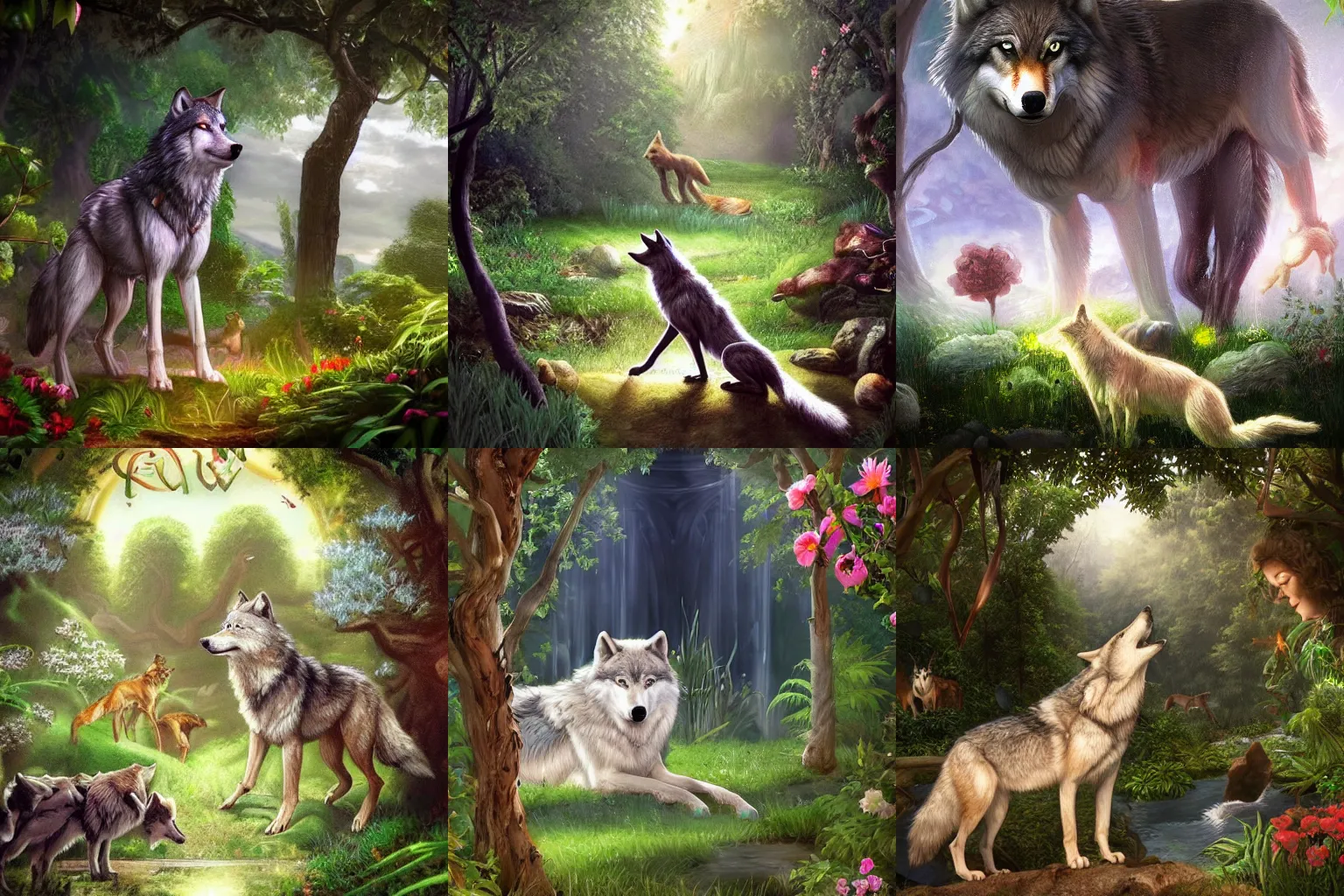 Prompt: Wolf in the Garden of Eden, beautiful, serene, trending on artstation