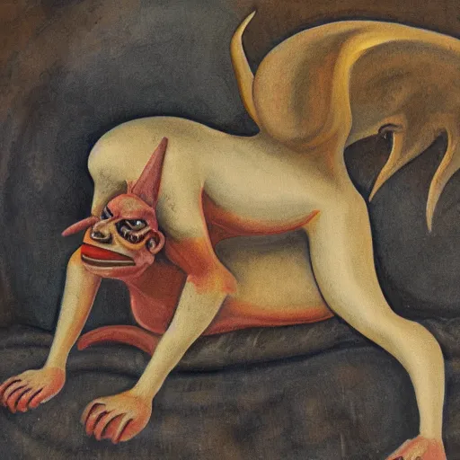 Prompt: painting of a demon representing exhaustion, the demon looks like an anthropomorphic animal