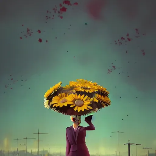 Image similar to giant daisy flower over head, frontal, a girl in a suit, surreal photography, sunrise, dramatic light, impressionist painting, digital painting, artstation, simon stalenhag