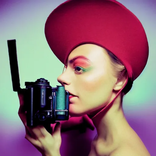 Image similar to medium format color portrait of a model with surreal style, camera flash