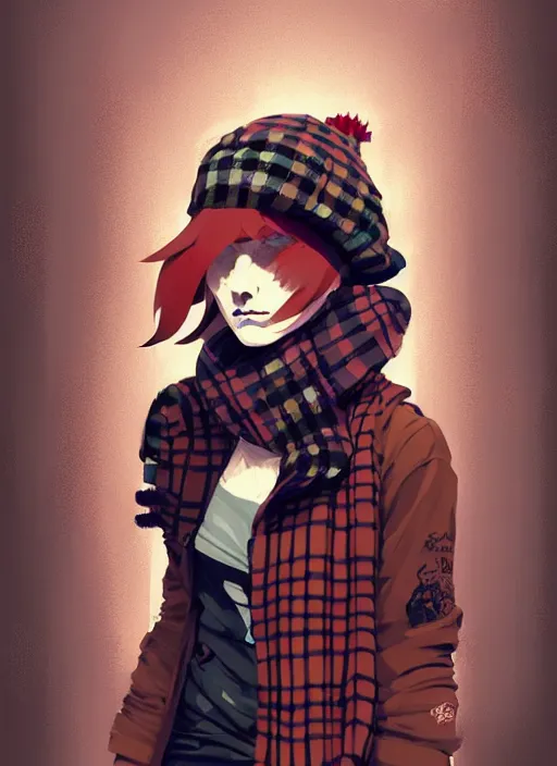 Prompt: highly detailed portrait of a sewer punk lady student, beanie, tartan scarf, wavy blonde hair by atey ghailan, by greg rutkowski, by greg tocchini, by james gilleard, by joe fenton, by kaethe butcher, gradient red, black, brown and cream color scheme, grunge aesthetic!!! graffiti tag wall background