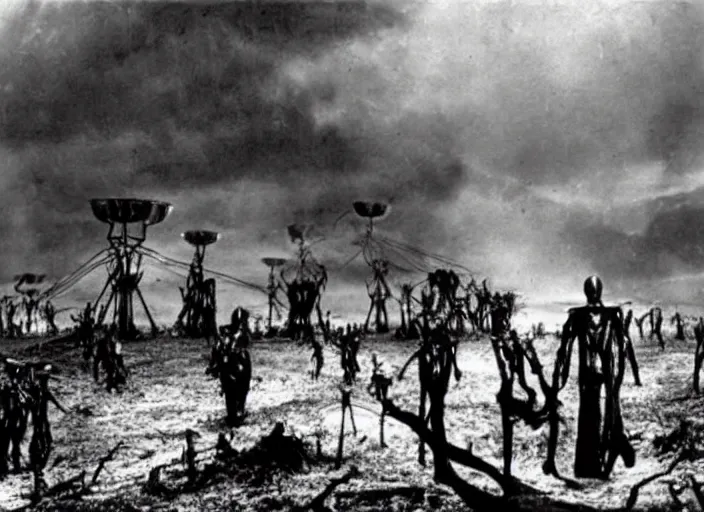 Prompt: scene from the 1919 science fiction film The War Of The Worlds