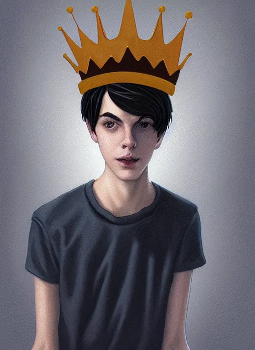 Image similar to portrait of teenage jughead jones wearing a light grey crown, crown, hamburger background, eyes closed, crown, black hair, intricate, elegant, glowing lights, warm lighting, highly detailed, digital painting, artstation, concept art, smooth, sharp focus, illustration, art by wlop, mars ravelo and greg rutkowski