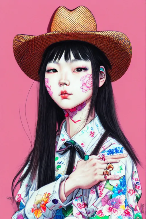 Image similar to taiwanese girl wearing cowboy hat, style of yoshii chie and hikari shimoda and martine johanna, highly detailed