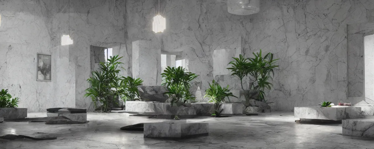 Prompt: modern marble brutalist interior, organic furniture, plants, blade runner, sci fi, stunning detail, cyberpunk, 8k, cinematic lighting, sublime, ultra realistic, colorful, neon, octane rendered,