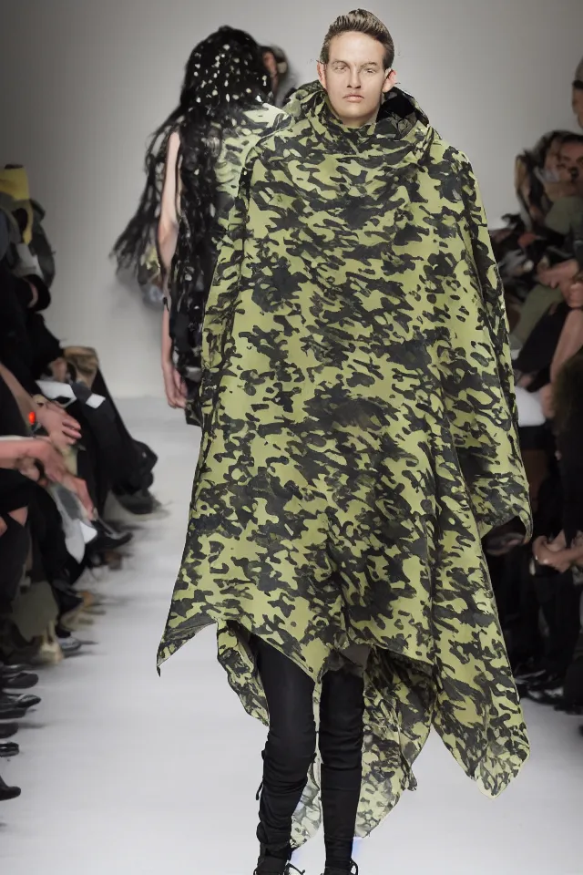 Image similar to fashion design, tactical camouflage poncho by alexander mcqueen and acronym