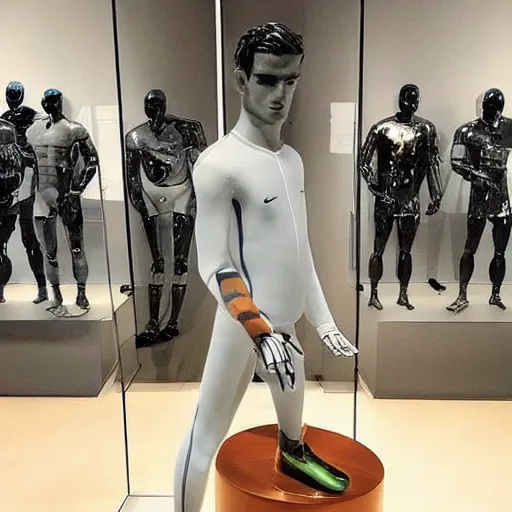 Image similar to “ a realistic detailed photo of a guy who is an attractive humanoid who is half robot and half humanoid, who is a male android, soccer player antoine griezmann, shiny skin, posing like a statue, blank stare, at the museum, on display ”