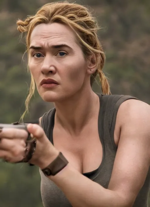 Image similar to a film still of kaye winslet as lara croft, sweat, direct sun light, close up potrait, cinematic,