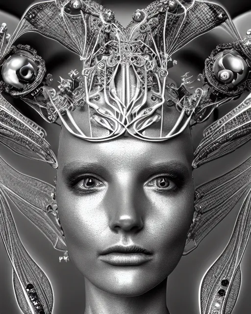 Image similar to mythical black and white organic bio-mechanical spinal ribbed profile face portrait detail of silver mechanical beautiful female angelic-queen-vegetal-cyborg, highly detailed, intricate steampunk flower and diamonds and gemstones ornate, poetic, 3D render, digital art, octane render, 8K artistic photography, photo-realistic, by Dora Maar