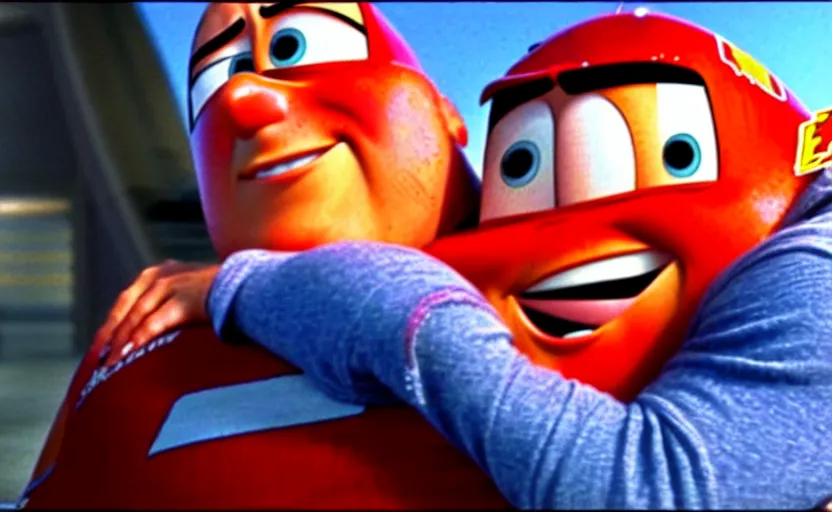 Image similar to lightning mcqueen from cars the movie hugging vin diesel,