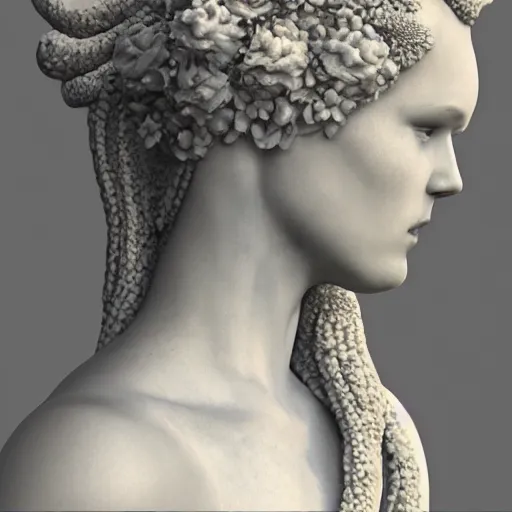 Prompt: an idealistic marble statue with fractal flowery hair in a fractal garden, unreal engine, 8k render, beautiful, full frame,