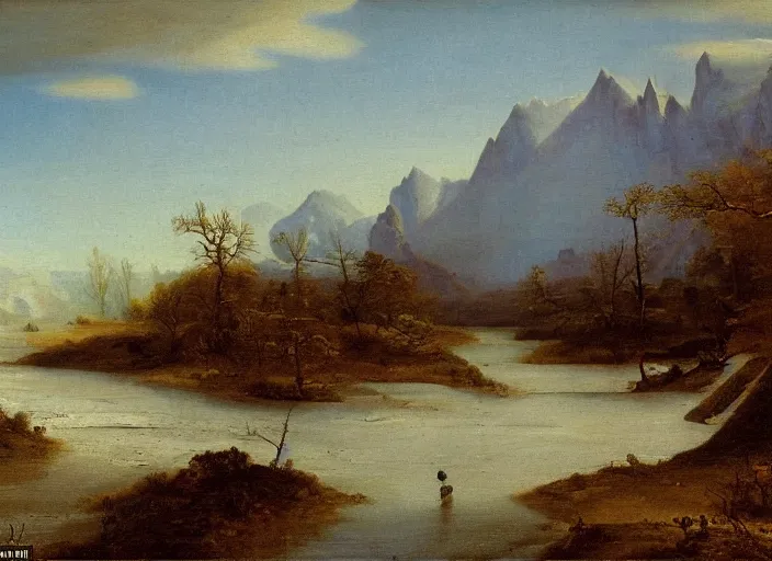 Image similar to the european steppes frozen over and the water lowered during the last ice ages, in the style of hudson river school of art, oil on canvas