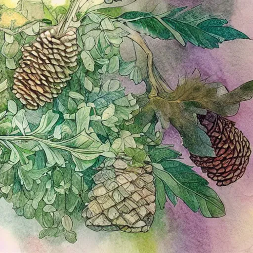 Image similar to delicate garden on paper floating puffy vines botanical herbarium botanic watercolors iridescent 8 k wide angle realistic shaded fine details, artstation italian rainbow colonnade oak pinecone gardena architecture pompeii