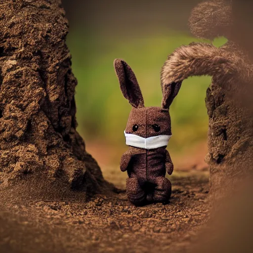 Prompt: a photo of a little brown ninja bunny that is a plush muppet wearing a cool ninja outfit and posed out in nature, photorealistic, photography, ambient occlusion, rtx, national geographic