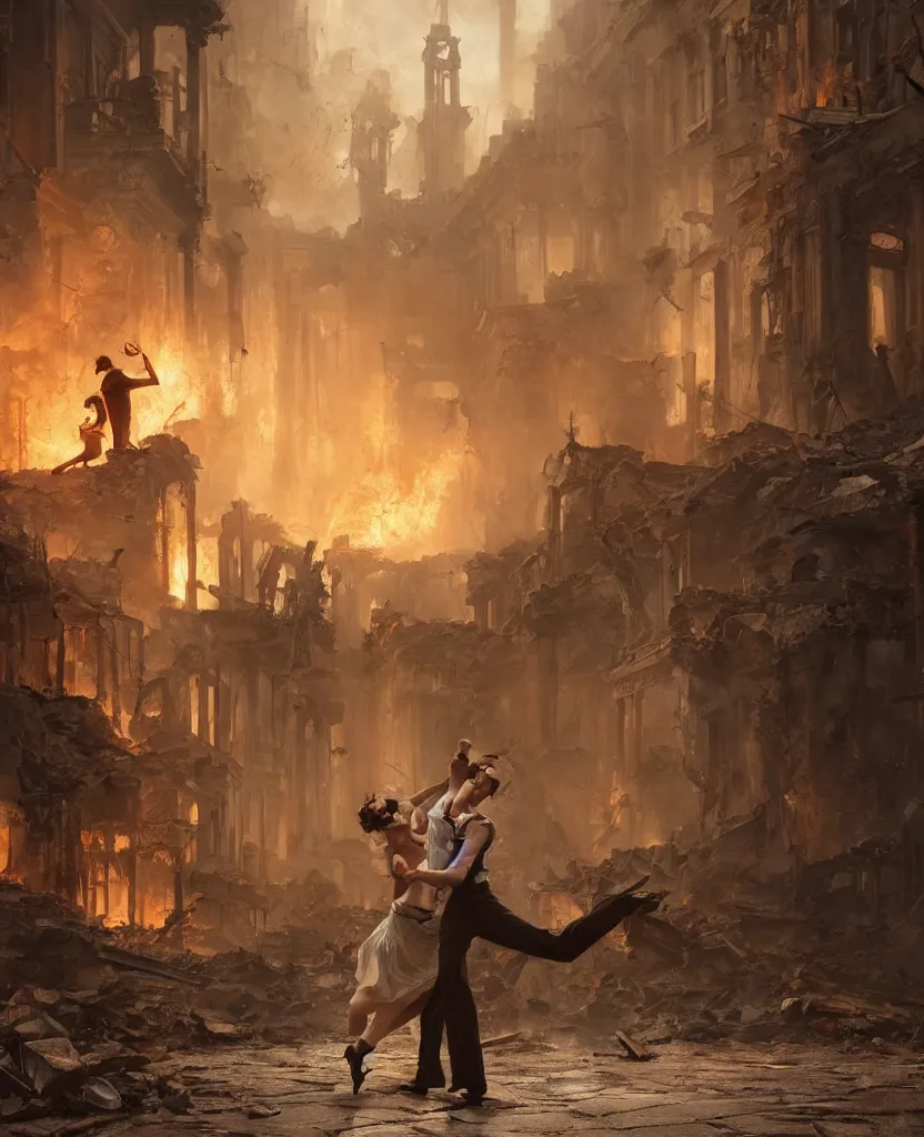 Prompt: concept art of one couple dancing in the middle of ruins of a victorian city surronded by fire by j. c. leyendecker, wlop, ruins, dramatic, octane render, epic painting, extremely detailed, 8 k