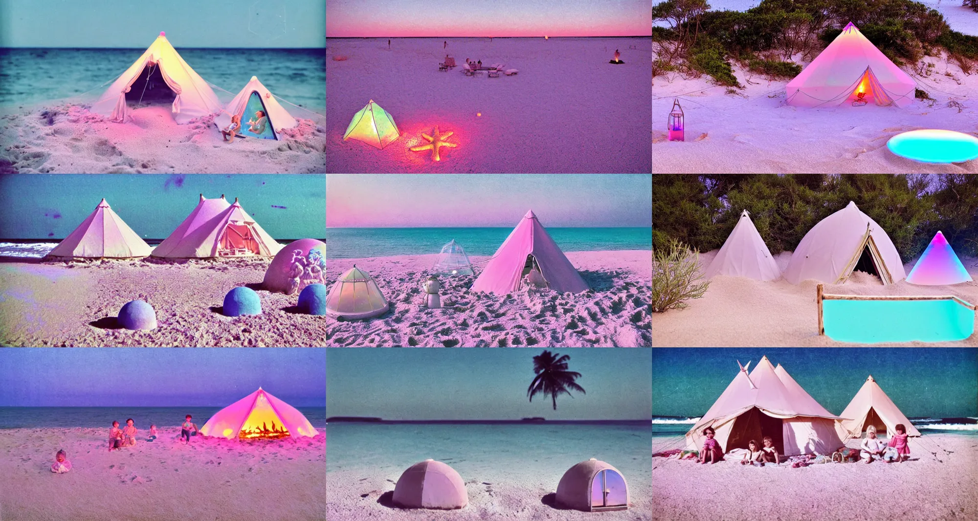 Prompt: a vintage family holiday photo of an empty beach from an alien dreamstate world with chalky pink iridescent!! sand, reflective lavender ocean water, bioluminescent flora and a pale igloo shaped plastic transparent bell tent opposite a fire pit with an iridescence blue flame. refraction, volumetric, light.