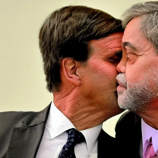 Image similar to photo of Jair Bolsonaro kissing Lula